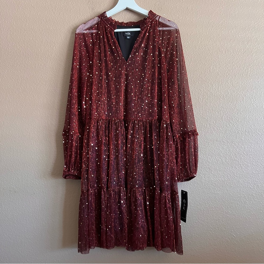 MSK Sequin Tiered Long Sleeve Wine Color Dress Size XL NWT